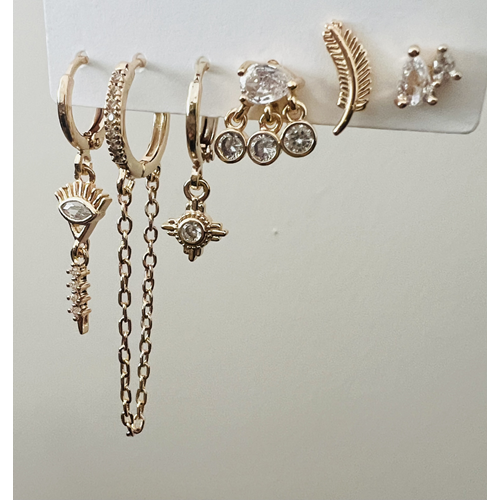 6'LI GÖZ DETAYLI, ZİNCİR SALLANTILI, YAPRAKLI KÜPE SETİ-ROSE RENK ACR9005