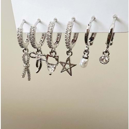 6'LI FİYONK DETAYLI, YILDIZLI, İNCİLİ KÜPE SETİ-GÜMÜŞ RENK ACR9006