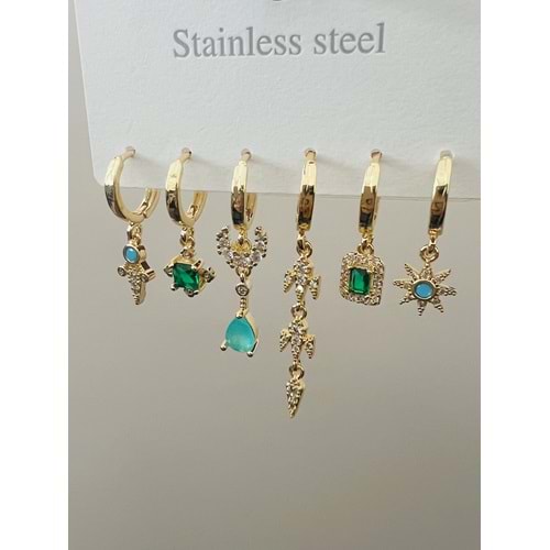 ÇELİK 6'LI TURKUAZ, YEŞİL RENK SALLANTILI KÜPE SETİ- GOLD RENK ACR9015