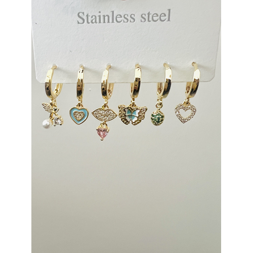 ÇELİK 6'LI KAPLUMBAĞA, KELEBEK FİGÜRLÜ, KALPLİ, RENKLİ KÜPE SETİ-GOLD RENK ACR9019