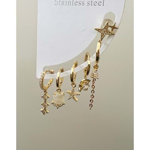 ÇELİK 6'LI LALE DETAYLI, YILDIZLI KÜPE SETİ-GOLD RENK ACR9020