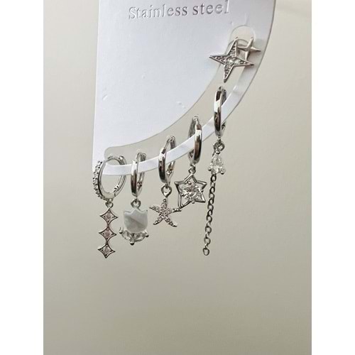 ÇELİK 6'LI LALE DETAYLI, YILDIZLI KÜPE SETİ-GÜMÜŞ RENK ACR9021