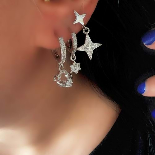 ÜÇLÜ GEZEGEN-YILDIZ DETAYLI KÜPE SETİ-GÜMÜŞ RENK ACR9354