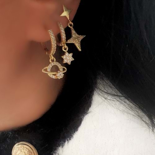 ÜÇLÜ GEZEGEN-YILDIZ DETAYLI KÜPE SETİ-GOLD RENK ACR9454