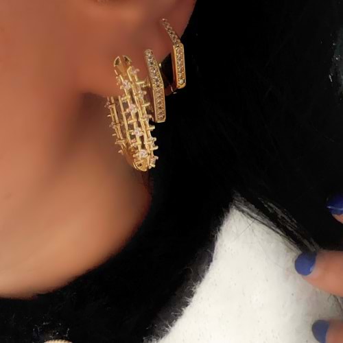 ÜÇLÜ KARE-BEŞGEN HALKA KÜPE SETİ-GOLD RENK ACR9460