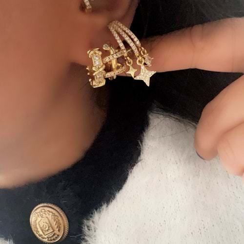 ÜÇLÜ HALKA-SARMAL HALKA-YILDIZ DETAYLI KÜPE SETİ-GOLD RENK ACR9468