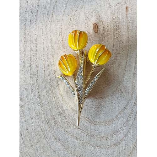 TAŞLI, ÜÇLÜ SARI LALE BROŞ ACR9607