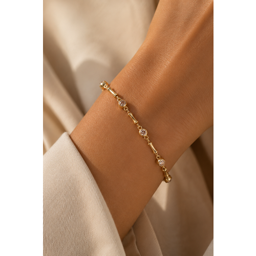 XUPING 14K GOLD RENK ÇUBUK GEÇİŞLİ, YUVARLAK TAŞLI MİNİMALİST BİLEKLİK 19+3CM ACR9748