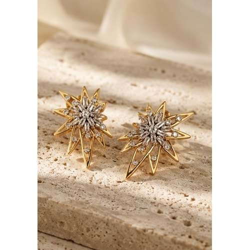 ZİRKON TAŞLI, GOLD RENK, PIRILTILI YILDIZ KÜPE ACR9808