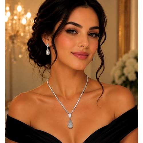 DAMLA MODEL, GÜMÜŞ RENK, ZİRKON TAŞLI SUYOLU KOLYE VE KÜPE SETİ ACR9831
