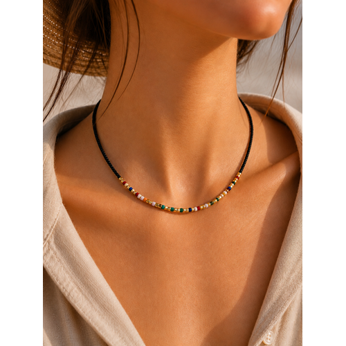 SİYAH, RENKLİ BONCUKLU KOLYE 41+4CM ACR9867