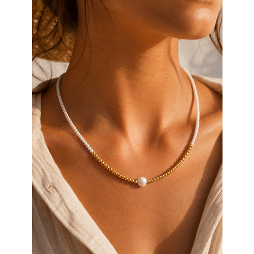 BEYAZ, GOLD BONCUKLU İNCİ KOLYE 41+4CM ACR9903
