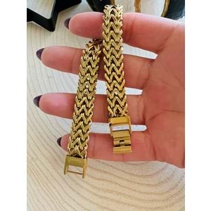 GOLD RENK İKİ SIRA MISIR ÖRGÜLÜ ÇELİK BİLEKLİK 19 CM 316L3866