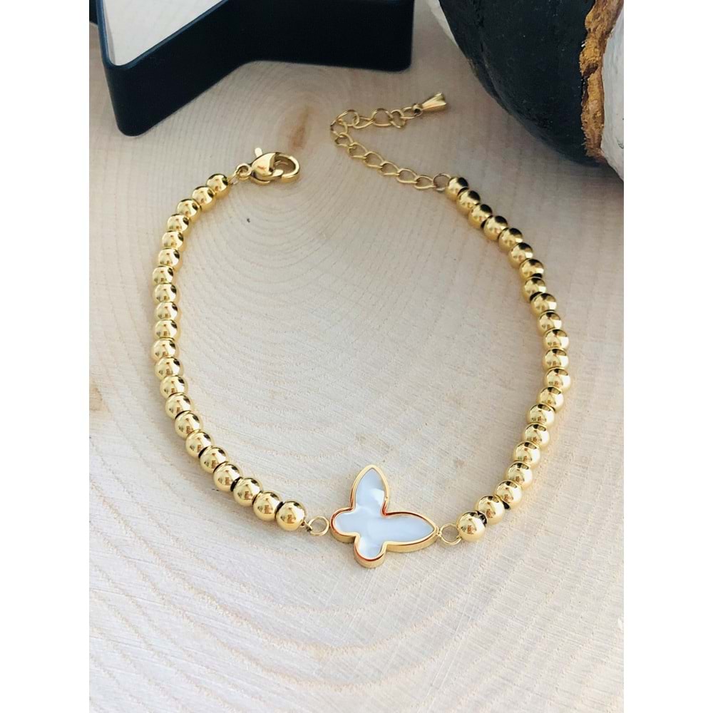 GOLD RENK DORİKALI ,SEDEFLİ KELEBEK ÇELİK BİLEKLİK 17+4 CM 316L4259
