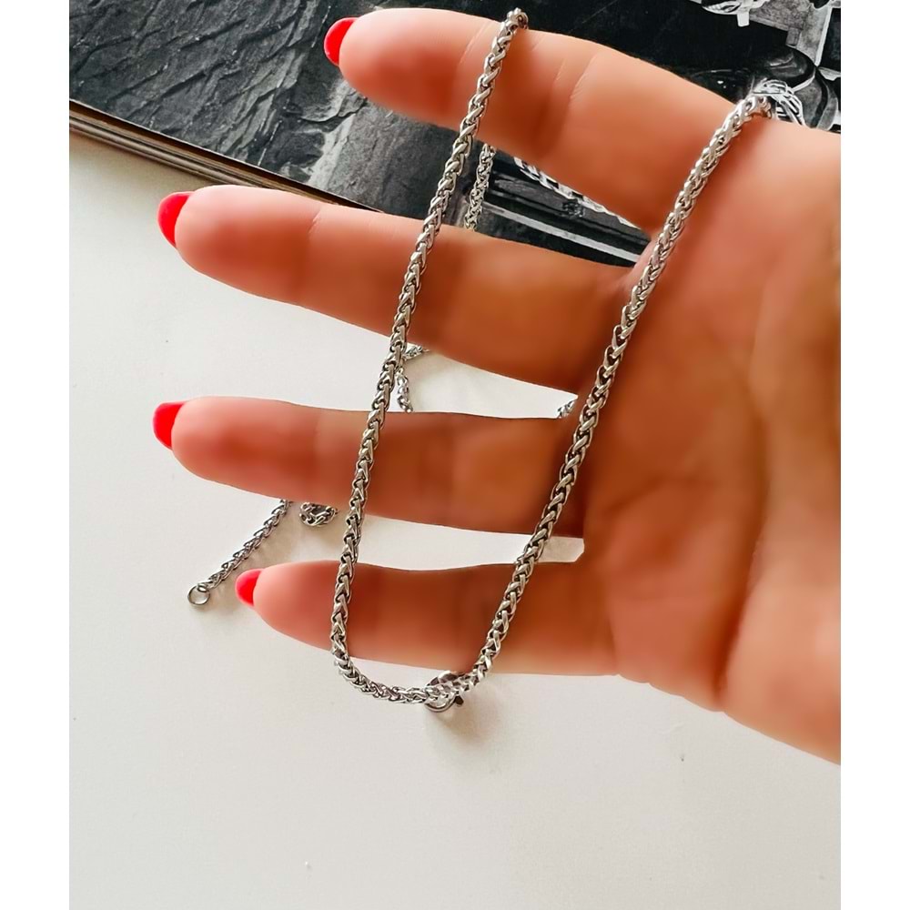 ERKEK ÇELİK BURGU KOLYE GÜMÜŞ RENK 65 CM-3 MM 316L4749