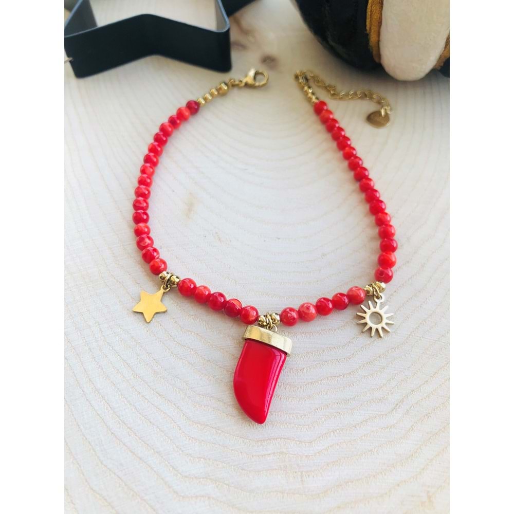 GOLD RENK KIRMIZI BONCUKLU FİLDİŞİ ÇELİK HALHAL 22+4 CM 316L4924