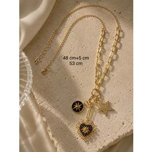 ÖZEL SERİ, KALPLİ VE YILDIZLI CHARM KOLYE 48+5CM ACR0307
