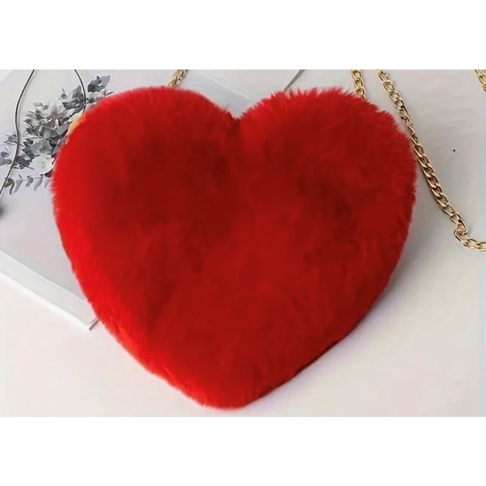 PELUŞ KALP OMUZ ZİNCİRLİ SEVGİ ÇANTASI KIZLAR İÇİN KIRMIZI RENK ACR1298