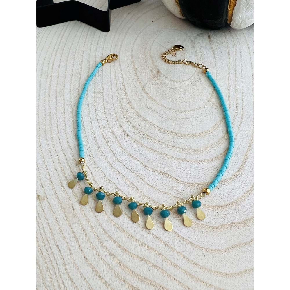GOLD RENK TURKUAZ BONCUKLU ÇELİK HALHAL 22+5 CM ACR1544