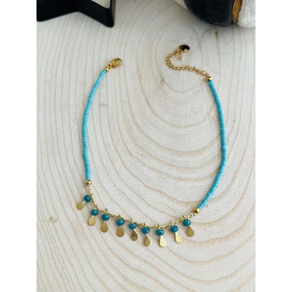 GOLD RENK TURKUAZ BONCUKLU ÇELİK HALHAL 22+5 CM ACR1544