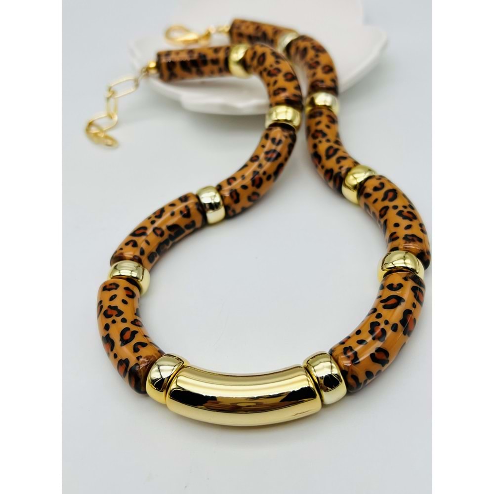 KAHVERENGİ RENK LEOPAR DESENLİ VİNTAGE KOLYE 45+5 CM ACR1713