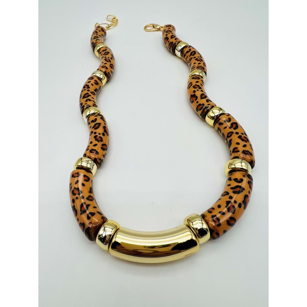 KAHVERENGİ RENK LEOPAR DESENLİ VİNTAGE KOLYE 45+5 CM ACR1713