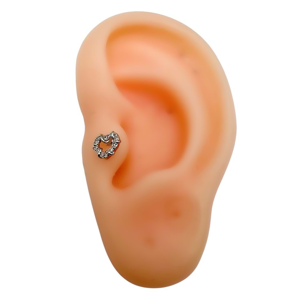 ÇELİK ARKADAN VİDALI TAŞLI KALP TRAGUS-HELIX PIERCING 6 MM GÜMÜŞ RENK ACR2167