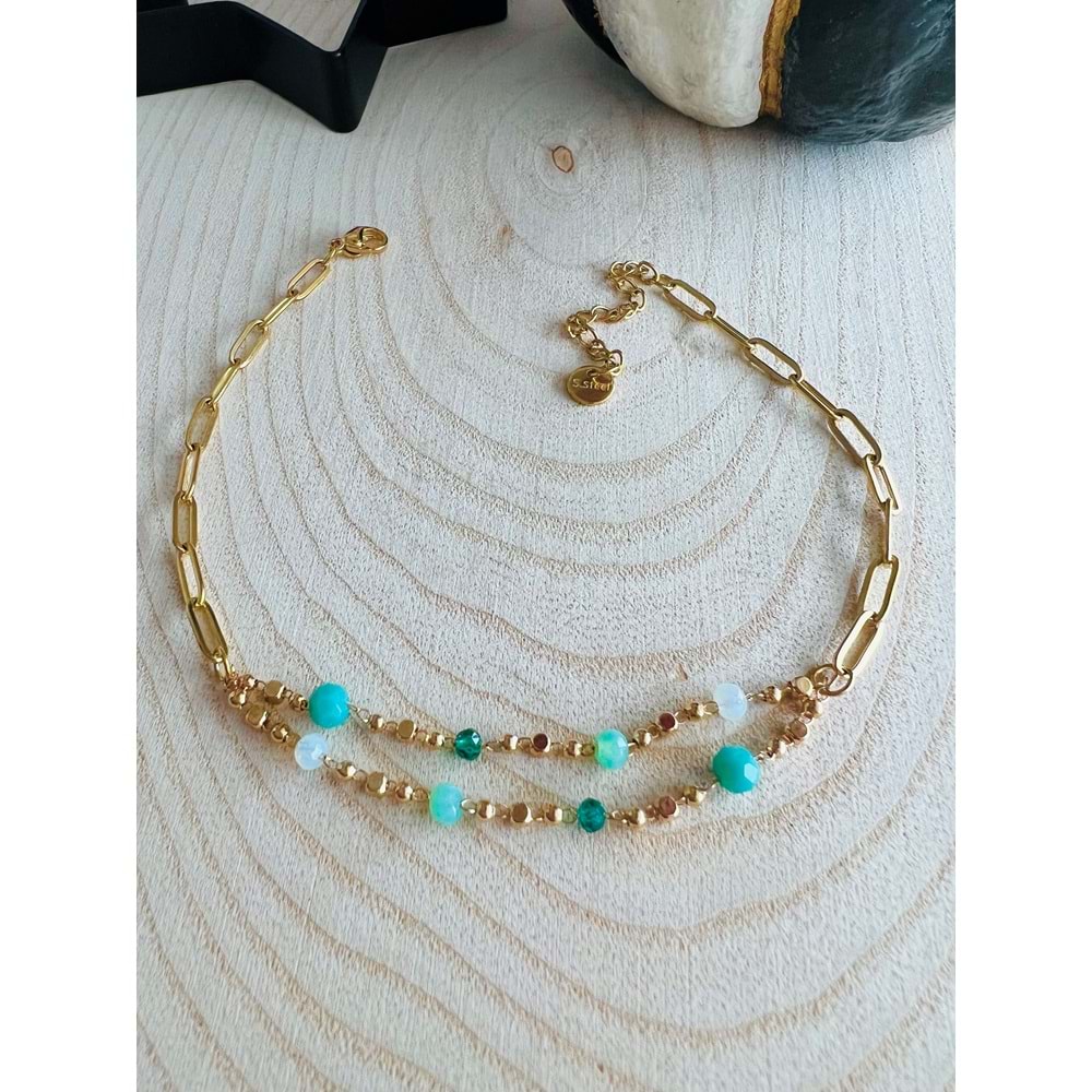 GOLD RENK YEŞİL BONCUKLU İKİLİ ÇELİK HALHAL 22+5 CM ACR2201