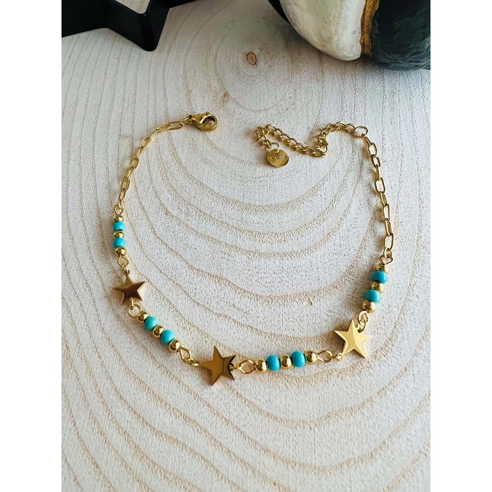 GOLD RENK TURKUAZ BONCUKLU YILDIZ ÇELİK HALHAL 22+5 CM ACR2205