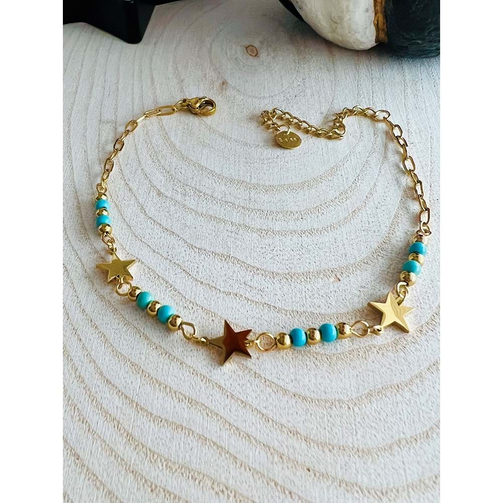 GOLD RENK TURKUAZ BONCUKLU YILDIZ ÇELİK HALHAL 22+5 CM ACR2205