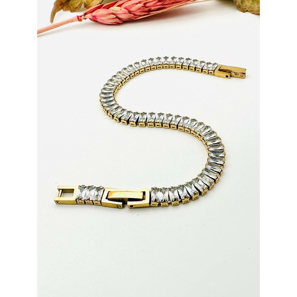 GOLD RENK BAGET TAŞLI SUYOLU ÇELİK BİLEKLİK 17+2 CM-5MM ACR2290