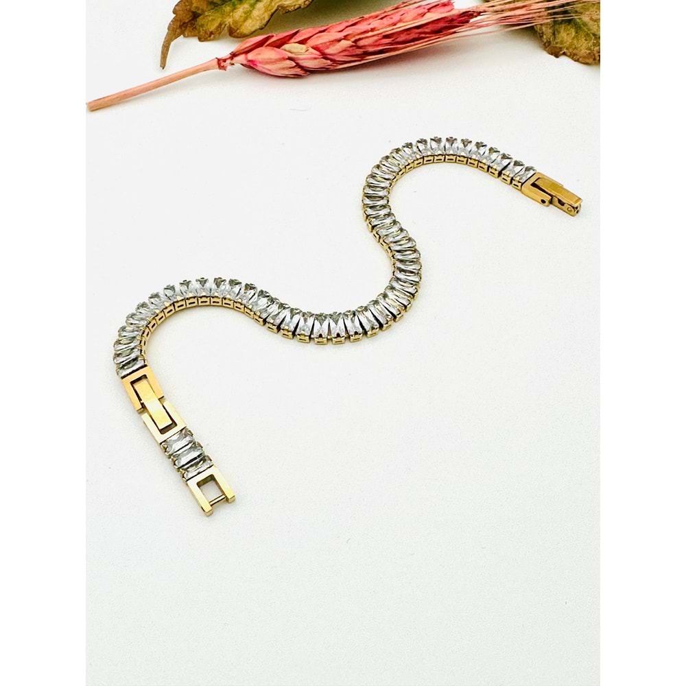 GOLD RENK BAGET TAŞLI SUYOLU ÇELİK BİLEKLİK 17+2 CM-5MM ACR2290