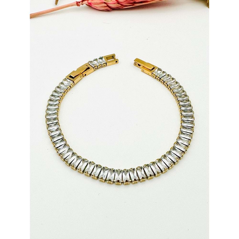 GOLD RENK BAGET TAŞLI SUYOLU ÇELİK BİLEKLİK 17+2 CM-5MM ACR2290