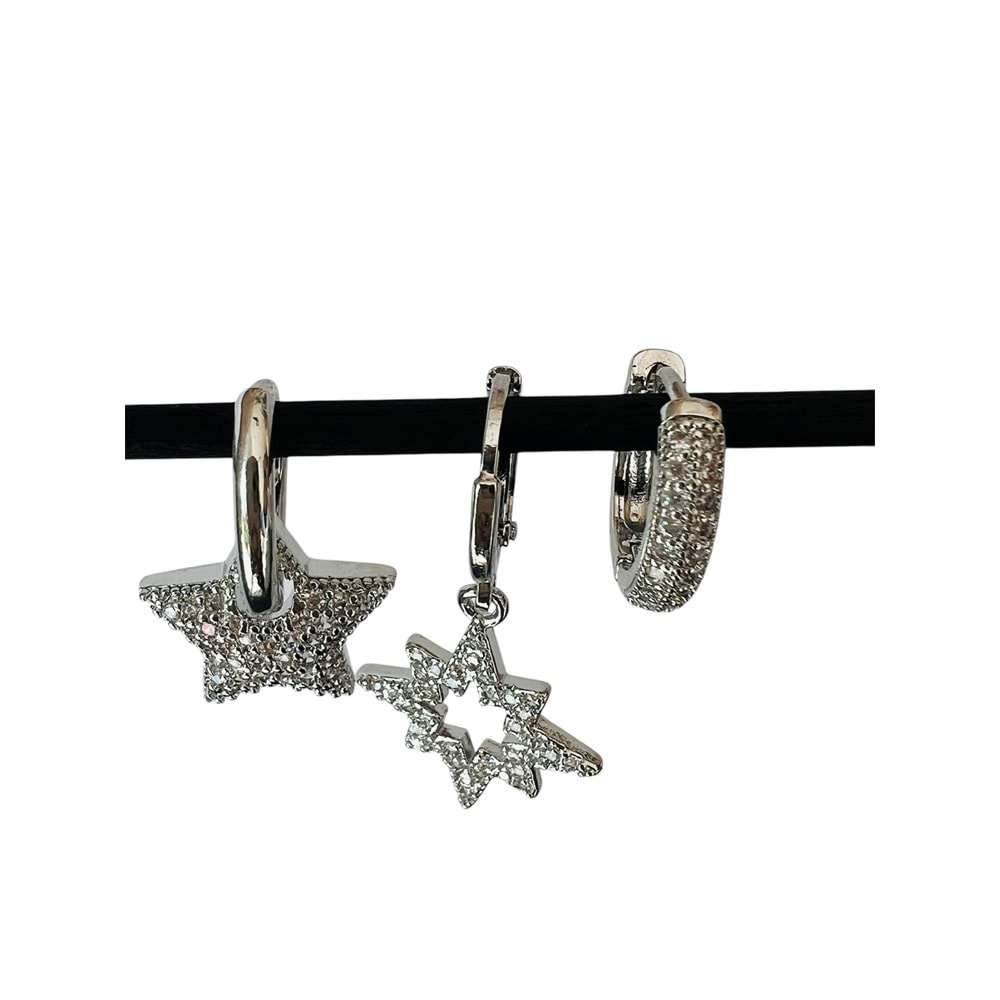 ÜÇLÜ KOMBİN VİP SERİ YILDIZ SALLANTILI-HALKA KÜPEDEN OLUŞAN KÜPE SETİ GÜMÜŞ RENK ACR2380
