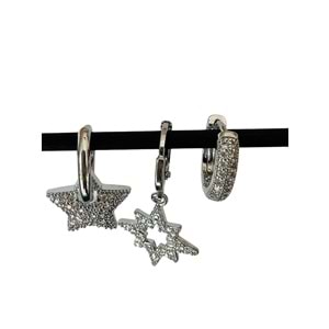ÜÇLÜ KOMBİN VİP SERİ YILDIZ SALLANTILI-HALKA KÜPEDEN OLUŞAN KÜPE SETİ GÜMÜŞ RENK ACR2380