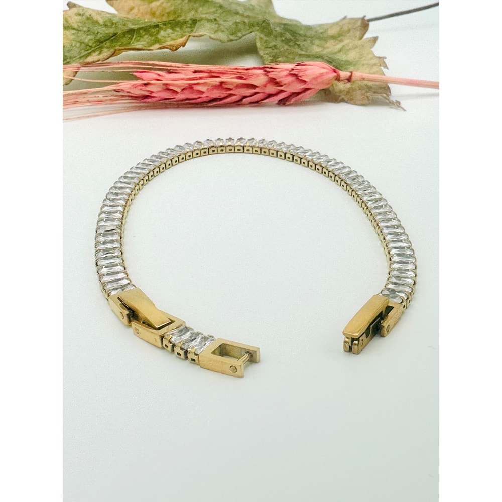 GOLD RENK BAGET TAŞLI SUYOLU ÇELİK BİLEKLİK 4MM ACR2409