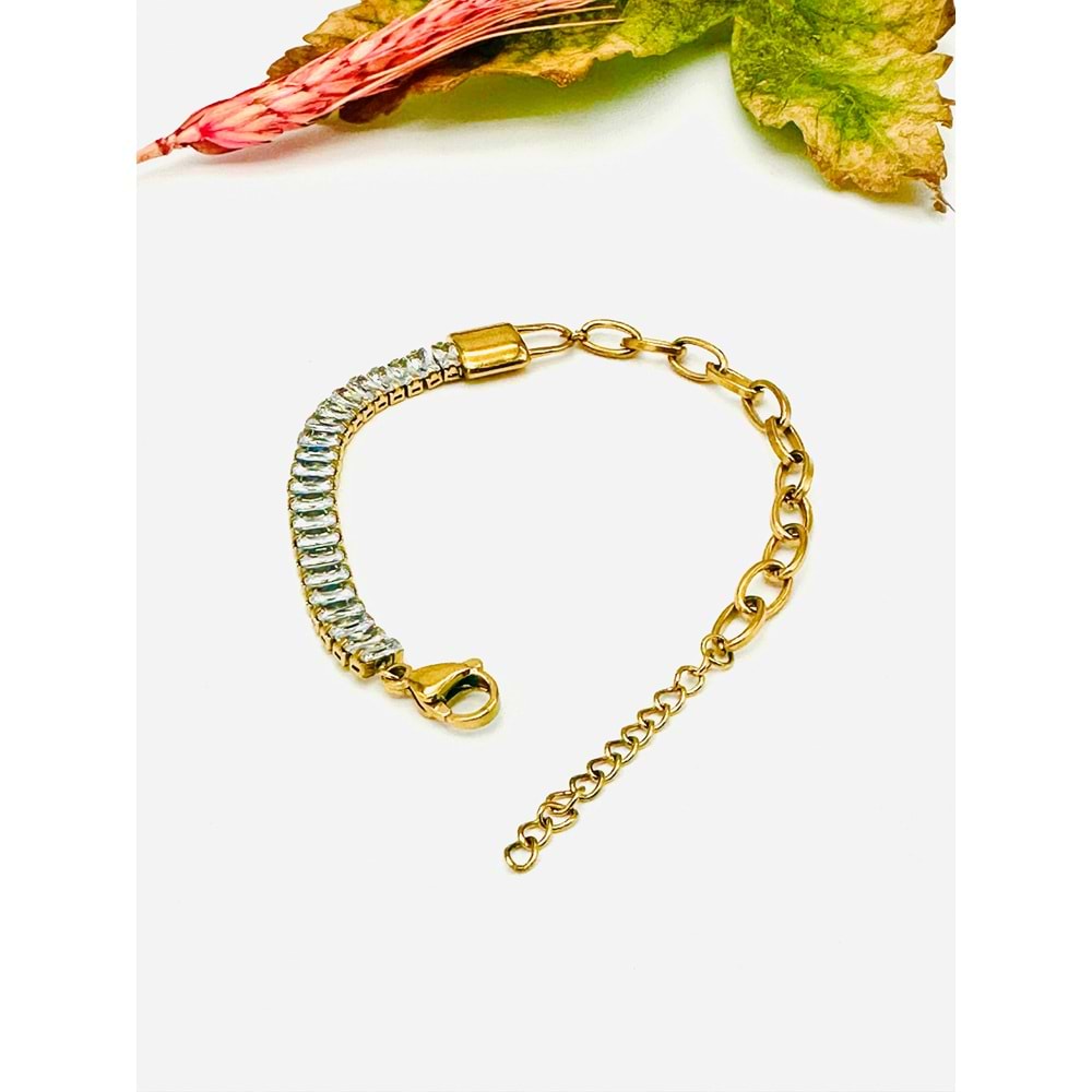 GOLD RENK BAGET TAŞLI ÇELİK BİLEKLİK 17+4 CM-5 MM ACR2455