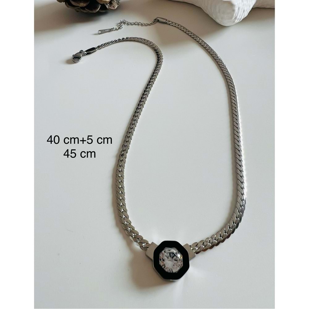 ÇELİK ÖRGÜ ZİNCİRLİ TAŞLI KOLYE GÜMÜŞ RENK 40+5 CM ACR2481