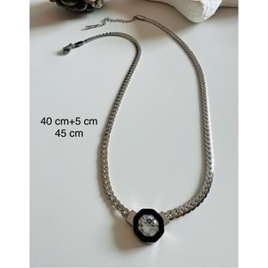 ÇELİK ÖRGÜ ZİNCİRLİ TAŞLI KOLYE GÜMÜŞ RENK 40+5 CM ACR2481