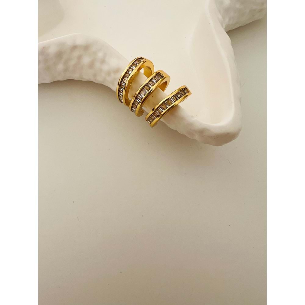 BAGET TAŞLI, ÜÇLÜ GÖRÜNÜMLÜ, KISTIRMALI KIKIRDAK KÜPE GOLD ACR2536