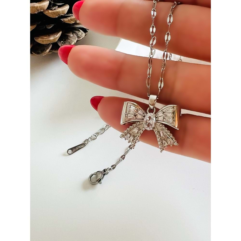 ÇELİK BAGET TAŞLI FİYONK KOLYE 40+5 CM GÜMÜŞ ACR2933