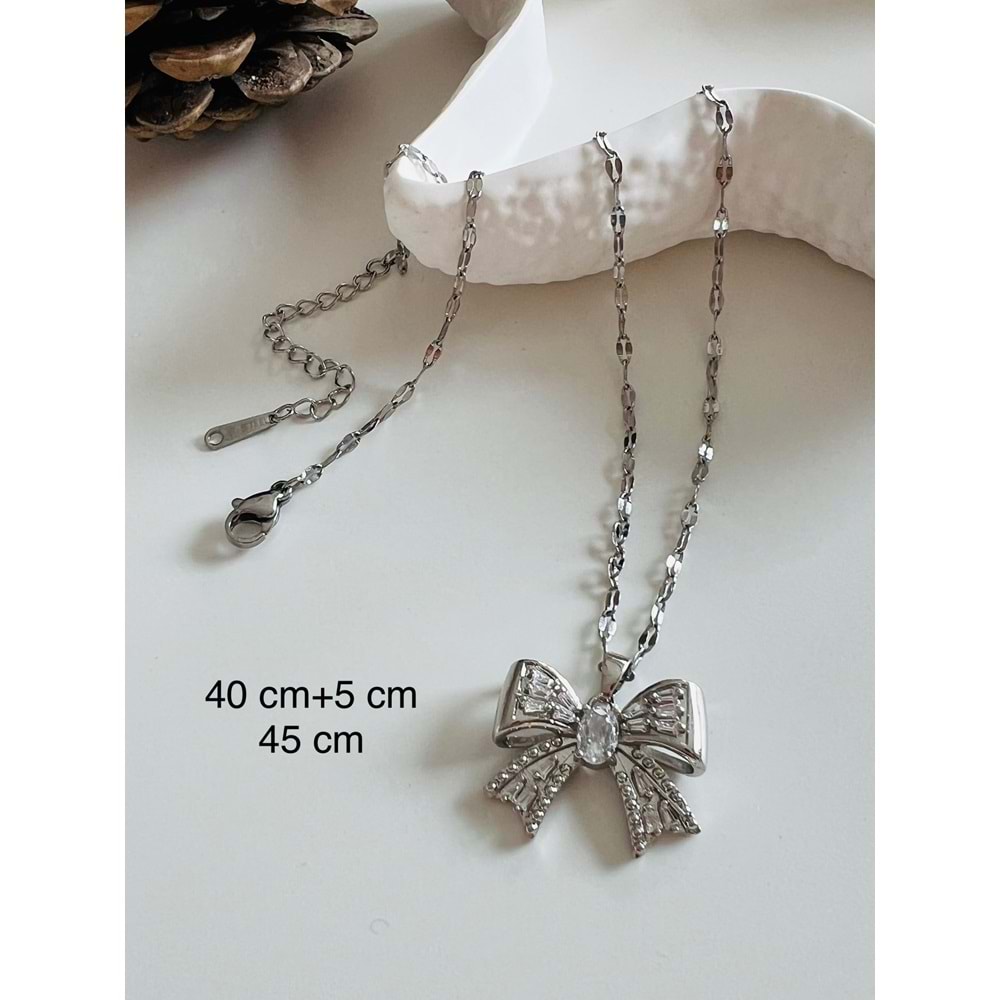 ÇELİK BAGET TAŞLI FİYONK KOLYE 40+5 CM GÜMÜŞ ACR2933
