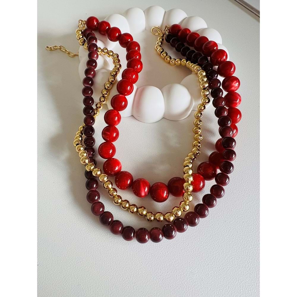 ÜÇLÜ BORDO KIRMIZI BONCUK KOLYE 40+7 CM ACR3434