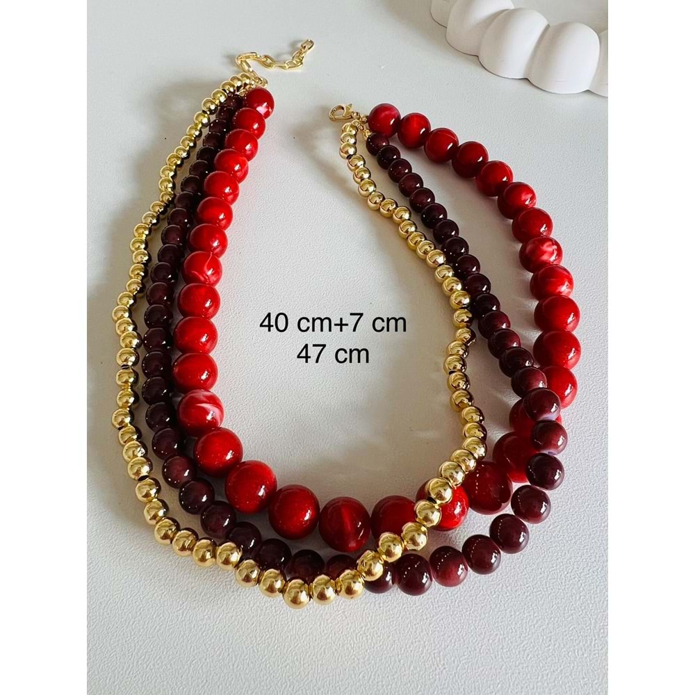 ÜÇLÜ BORDO KIRMIZI BONCUK KOLYE 40+7 CM ACR3434