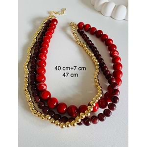 ÜÇLÜ BORDO KIRMIZI BONCUK KOLYE 40+7 CM ACR3434