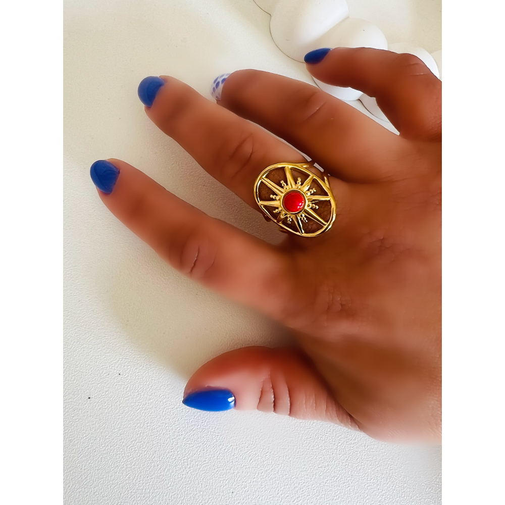 AYARLANABİLİR KIRMIZI TAŞLI ÇELİK YÜZÜK GOLD ACR3945