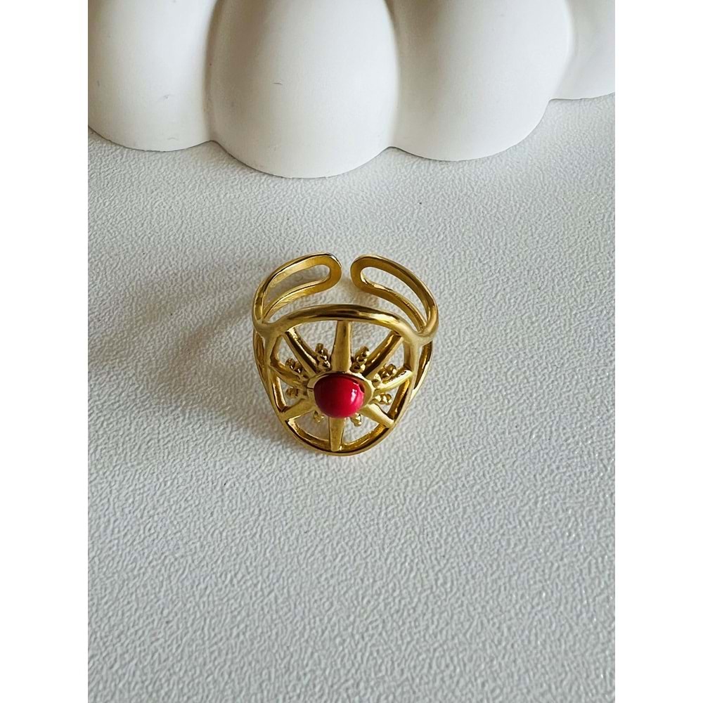 AYARLANABİLİR KIRMIZI TAŞLI ÇELİK YÜZÜK GOLD ACR3945