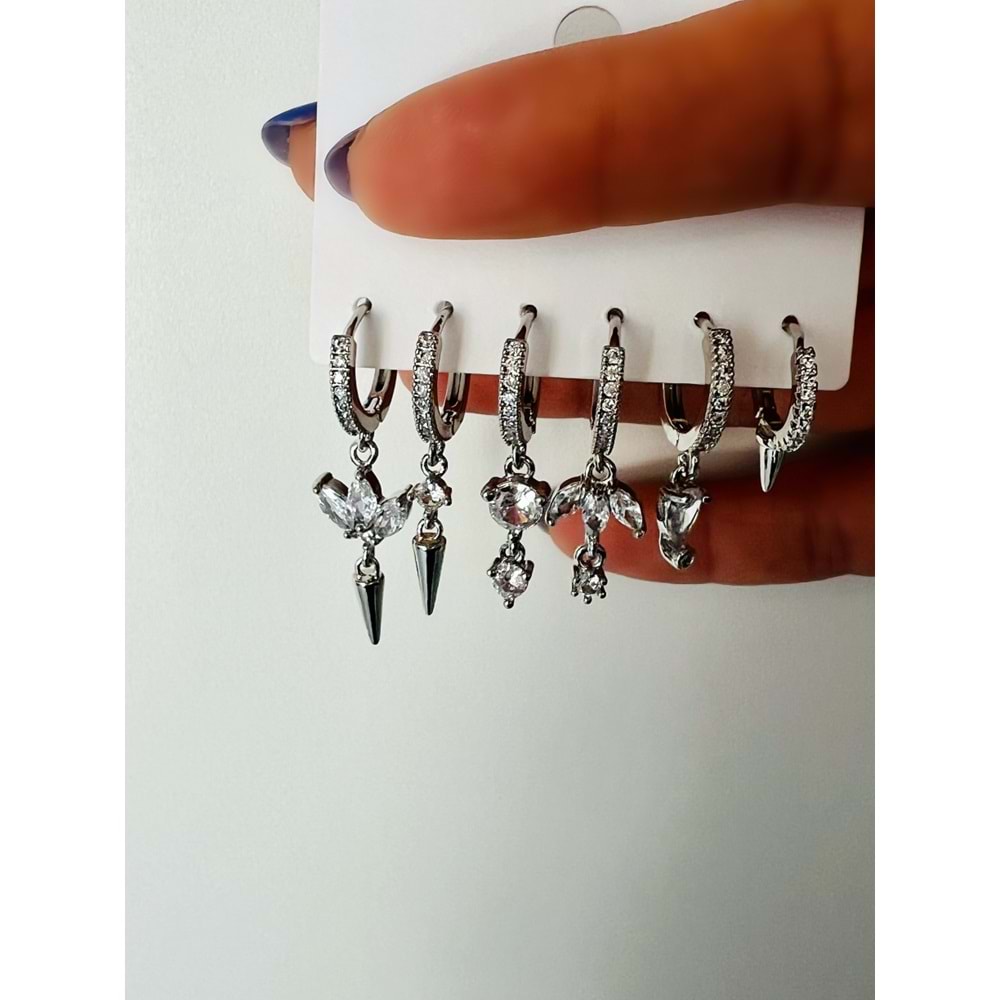6'LI TAŞ DETAYLI, SALLANTILI SET KÜPE-GÜMÜŞ ACR3992