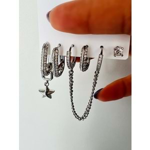 6'LI YILDIZLI, TAŞLI, ZİNCİR SALLANTILI SET KÜPE-GÜMÜŞ ACR3995