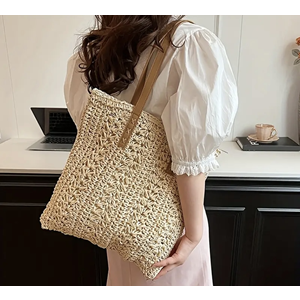 BOHO TARZ HASIR, YAZLIK, PLAJ OMUZ ÇANTASI, FERMUARLI, BÜYÜK BOY, BEJ ACR4540